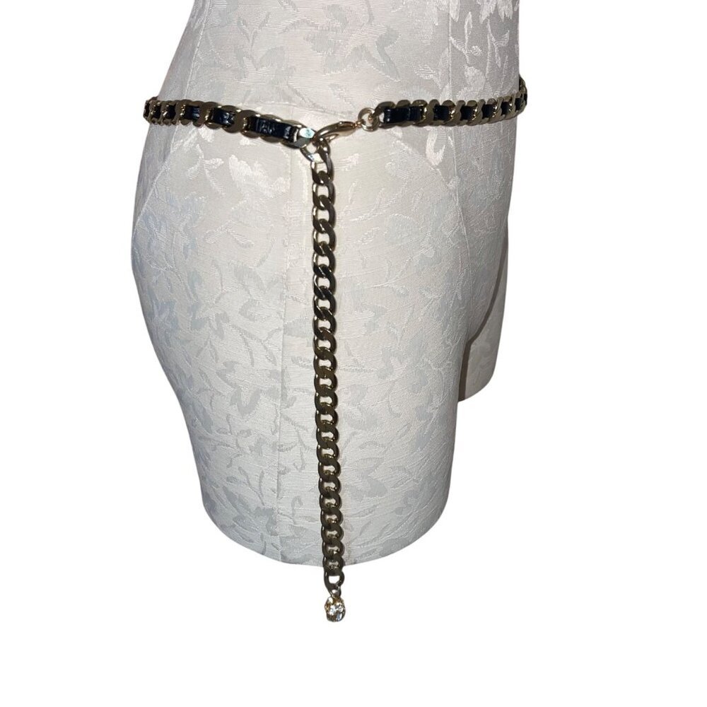 Vintage Womens Waist Belt One Size Leather Gold Chain Casual